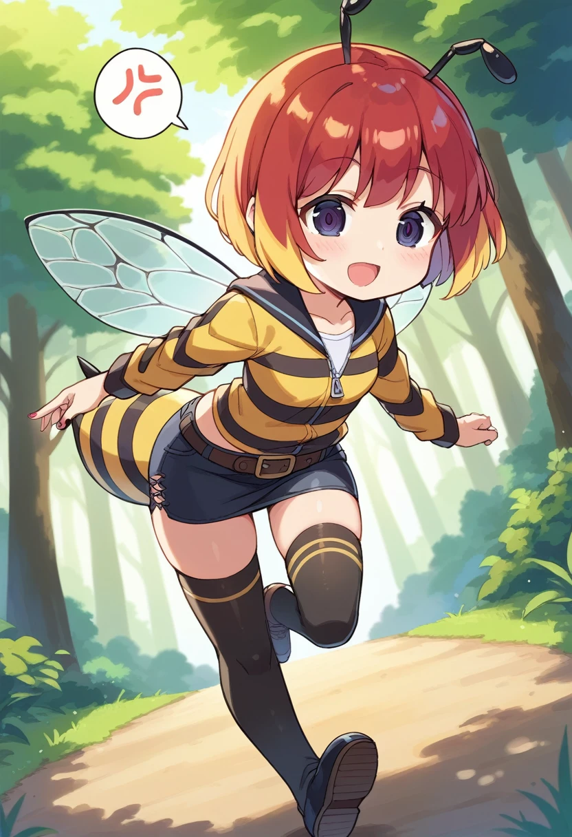 score_9, score_7_up, score_6_up, 1girl, source_cartoon, source_anime,breathtalking Scenery,watercolor,smooth soft skin, natural skin,anime screencap,mjm,rating_questionable,
BREAK
1girl,(solo:1.2),(hornet girl:1.4), bee girl,(little female child:1.3), (loli:1.3),6 yo, kawaii,baby face,small breast, cute face,oily skin,(Phat ass:0.6)
BREAK
(black bob cut:1.4),(yellow gradient hair:1.2),(yellow dip-dye hair:1.1),(black lob hair:1.2),ahoge,highlight on eyes,(nail_polish:1.1), black eyes,beautiful eyes, detailed eyes, puffy eyes,
BREAK
(bee antennae:1.3), (PVC material Extremely small bee wings:1.1), (bee wings:1.1),symmetry bee wings, anger vein,anguish,(spoken squiggle:1.5),spoken anger
BREAK
belt buckle,jacket, zip up, (pencil Skirt:1.1),(yellow striped black stockings:1.3),pierce,chain accessory,punk rock, croped shirt
BREAK
isometric,dutch angle,(deep forest,forest,darkness:1.2),(running:1.3),dynamic running,dynamicangle,In a secluded setting, surrounded by a dense forest, the bog lay hidden like a secret gem, its misty surface whispering tales of ancient times,misty,deep forest,