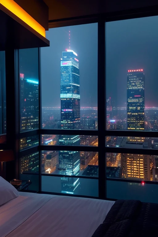 A high-rise bedroom with a large window overlooking a futuristic cyberpunk city at night. The room is dimly lit, with reflections of neon lights and rain on the glass. The cityscape outside features towering skyscrapers and vibrant lights, creating a moody and atmospheric scene. Highly detailed, cinematic, and serene.