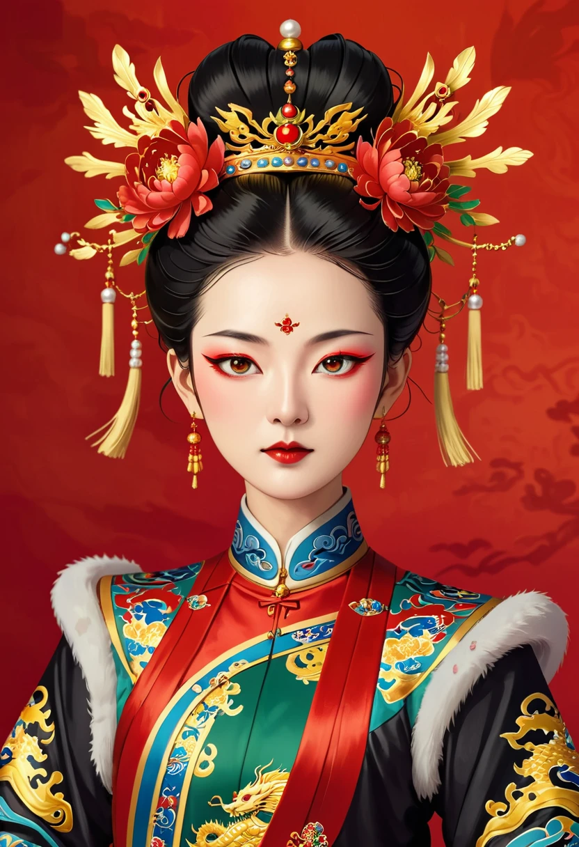 Dragon Throne：1.37.Solemn girl portrait，symmetry，Round Face，Bright Eyes，Smooth skin，Red peony headdress，Elegant and luxurious，Wealth，Gorgeous black and gold costumes，Chinese Qing Dynasty flag costumes,Selfish,Chinese Emperor，High bun，Gorgeous golden crown，tassel，palace，Clean background，(((Wu Zetian，Empress)))，Pearl tassels，Pearl Makeup，Red background