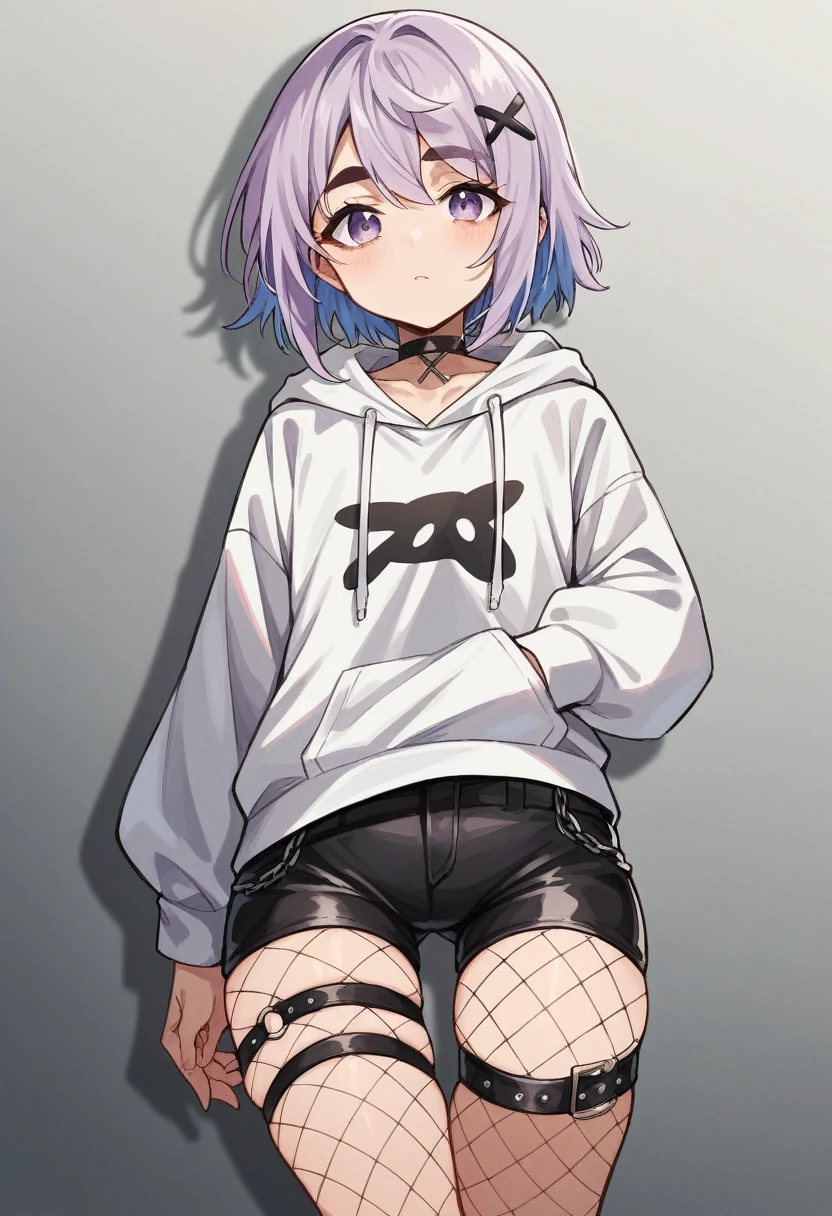 masterpiece, Highest quality, High resolution, Tosakimimi,Tosakimimi(Vspo!), short hair, Light purple hair, The middle of the bangs is pink,Striped Hair, Braiding, Straight Hair,Hair7versus3It is divided into,X Hair Ornament, Thick eyebrows, choker, White hoodie, Lower the hood, Long sleeve, abdomen, Black shorts, Thigh straps, Fishnet tights, My chest is open