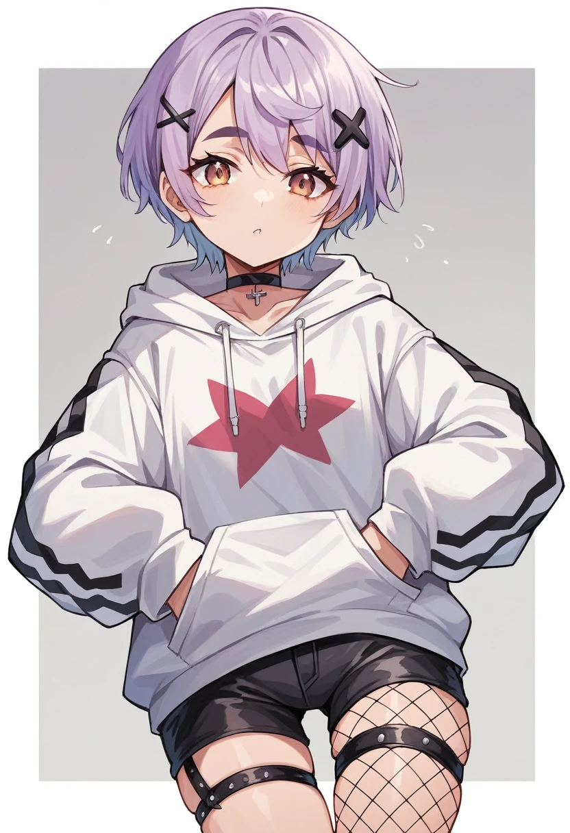 masterpiece, Highest quality, High resolution, Tosakimimi,Tosakimimi(Vspo!), short hair, Light purple hair, The middle of the bangs is pink,Striped Hair, Braiding, Straight Hair,Hair7versus3It is divided into,X Hair Ornament, Thick eyebrows, choker, White hoodie, Lower the hood, Long sleeve, abdomen, Black shorts, Thigh straps, Fishnet tights, My chest is open
