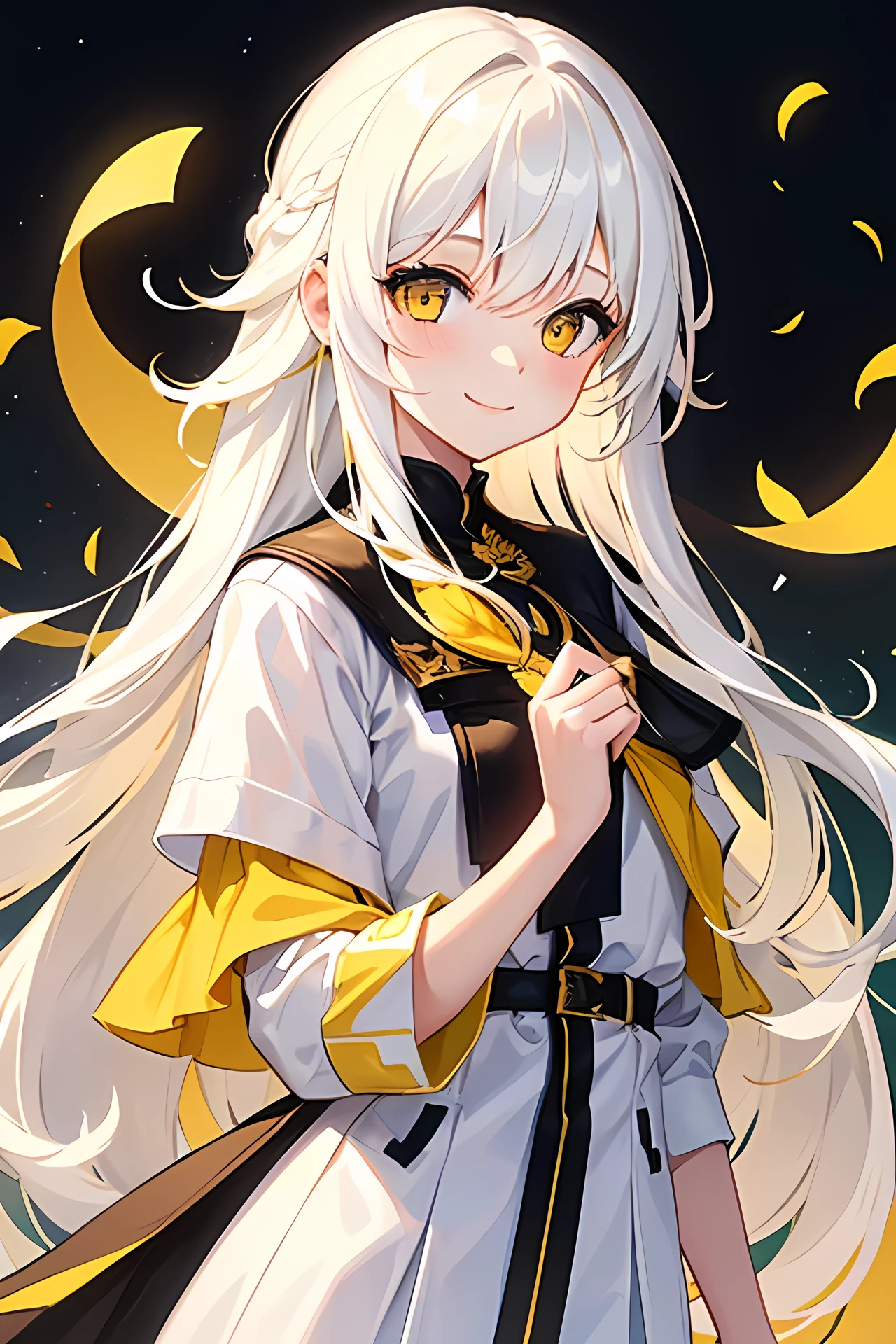 Young girl, white long hair, yellow eyes, smile face, happy girl, modern style