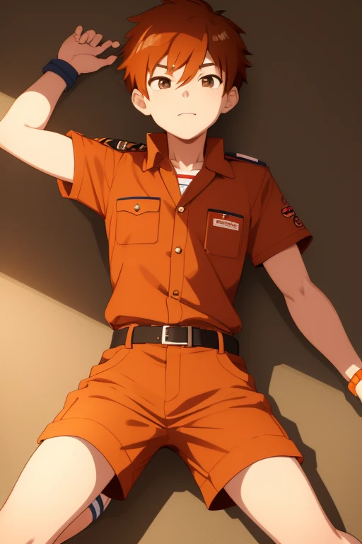 Hiro Akiba from Camp Buddy, 14 years old, in boy scout uniform, orange hair, brown eyes, light brown boy scout shirt with medal print, light brown shorts, black belt, red scarf.