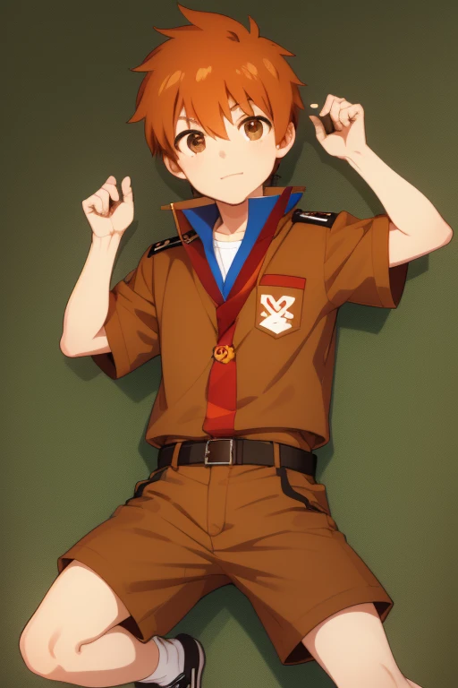 Hiro Akiba from Camp Buddy, 14 years old, in boy scout uniform, orange hair, brown eyes, light brown boy scout shirt with medal print, light brown shorts, black belt, red scarf.