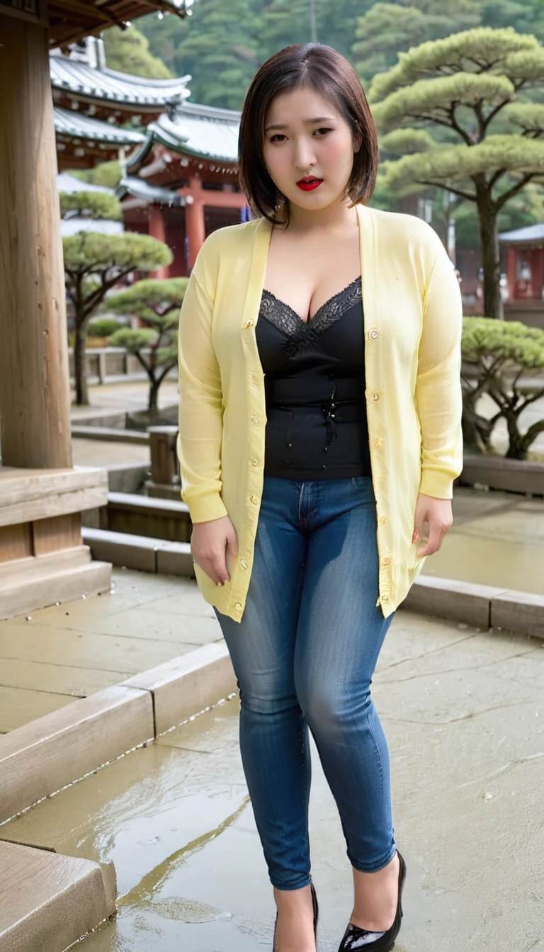 1woman,(masterpiece:1.8),photo-realistic,16k,(beautiful 40s japanese plump lady:1.2),(right yellow cardigan,chiffon blouse:1.6),(jeans:1.5),pumps,belt,(whimpering:1.6),(panicking:1.6),(crying:1.7),(Shinto shrine:1.3),(crowd:1.1),(wetting:1.5),(dripping pee:1.4),long hair,straight hair,black eyes,MILF,curvy,(huge breasts:1.2), makeup,lipstick,eyeliner,mascara,eyeshadow