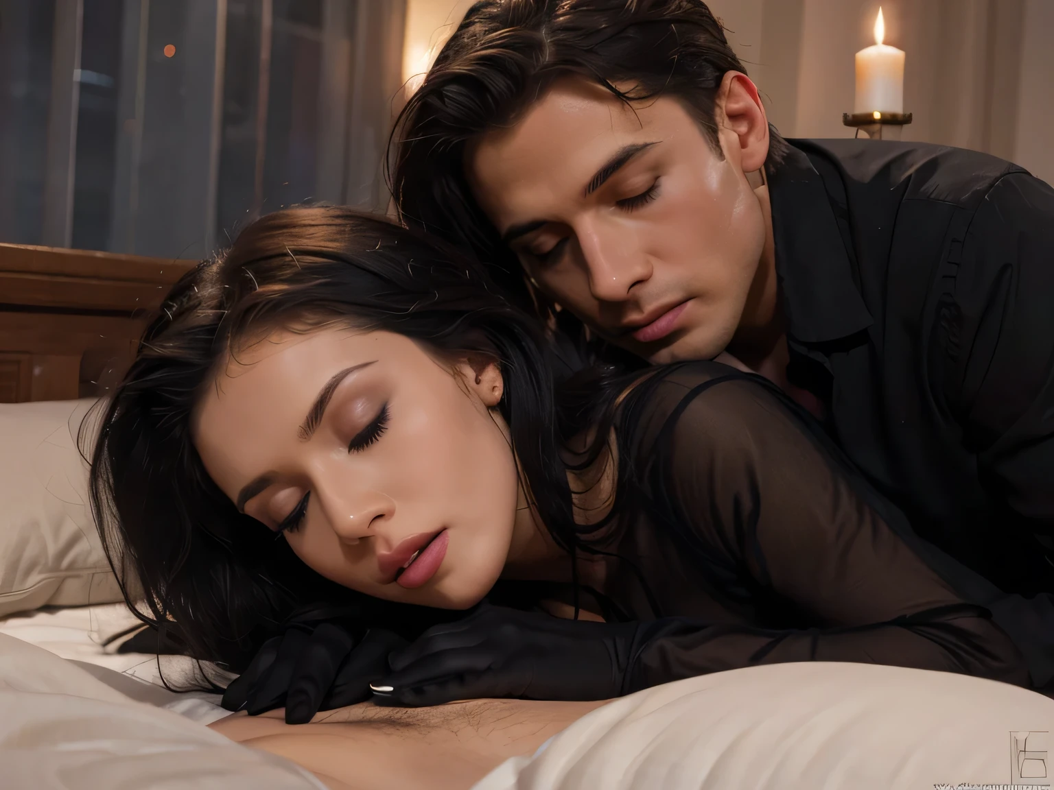 Amazing portrait of a young boy and woman passionately making out and kissing each other's lips touching and hugging tight and both are blushing intensely with their eyes closed in bed during night time and candles are lit , she is dressed in a long black dress and long black gloves, she came back from a funeral.