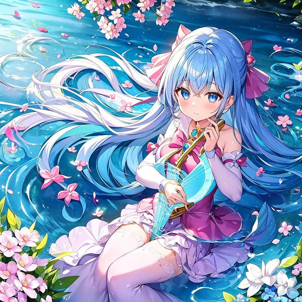 A magical girl with a mermaid motif、Highest quality、ta、Confused eyes、Primary school students、Water Manipulation Magic、Magical girl who controls water、beautiful girl、cute、Full-body portrait、light blue、Have a koto、Playing the lyre、Clear eyes、pose、Magic Exercises