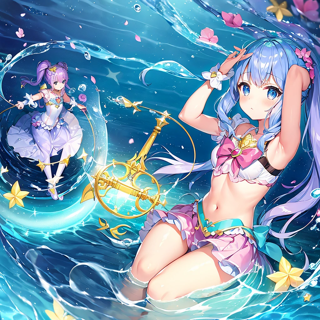 A magical girl with a mermaid motif、Highest quality、Lolita、Confused eyes、、Water Manipulation Magic、Magical girl who controls water、beautiful girl、cute、Full-body portrait、light blue、Have a koto、Playing the lyre、Clear eyes、pose、Magic Exercises