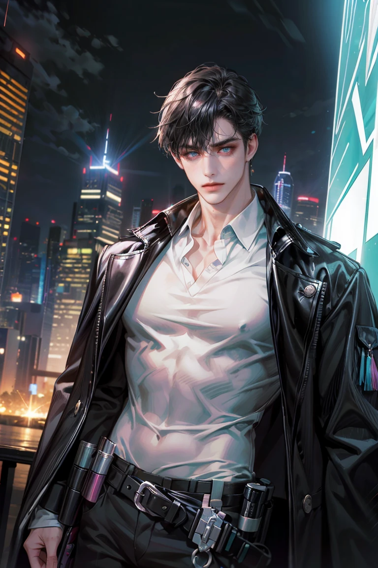 (absurdres, highres, ultra detailed, original character, HDR), 1 british boy, solo, adult, handsome, ((tall muscular guy, broad shoulders)), finely detailed eyes, (black hair), hair between eyes, turquoise eyes, holographic, futuristic, casual outfit, black coat, gun holster, (body tight white shirt), big pecs, ((wearing a black earring)), cowboy shot, dutch angle, face focused, tower walled city scenery, dystopian hong kong city, skyscrapers, Cyan, Magenta, long face, closed mouth, looking at viewer, depth of field, bokeh