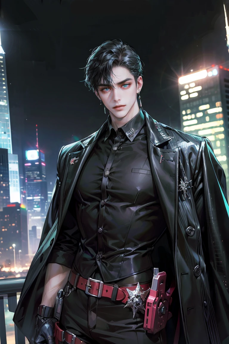 (absurdres, highres, ultra detailed, original character, HDR), 1 british boy, solo, adult, handsome, ((tall muscular guy, broad shoulders)), finely detailed eyes, (black hair), hair between eyes, turquoise eyes, holographic, futuristic, casual outfit, black coat, gun holster, (body tight white shirt), big pecs, ((wearing a black earring)), cowboy shot, dutch angle, face focused, tower walled city scenery, dystopian hong kong city, skyscrapers, Cyan, Magenta, long face, closed mouth, looking at viewer, depth of field, bokeh