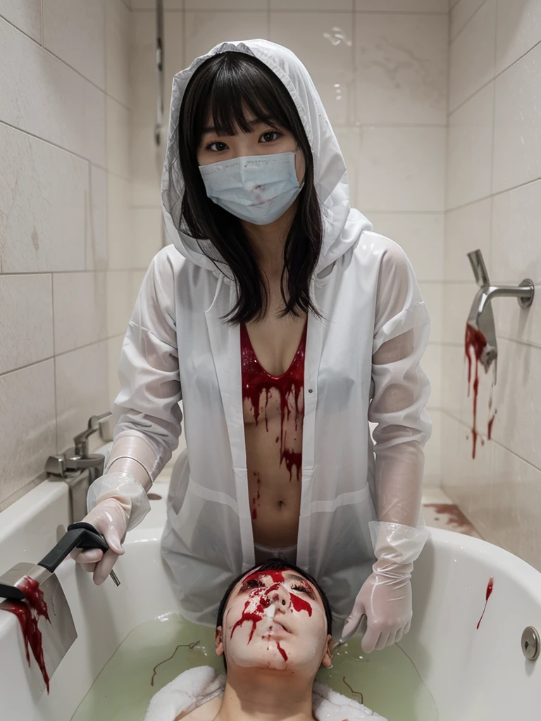 korean girl, (behind corpse, surgical mask), holding knife, stabbing, latex gloves, bath full of blood, transparent raincoat, hood up, holding knife, white gloves, behind corpse, blood splatter, mass murderer, killer, long bangs, blood splatter,