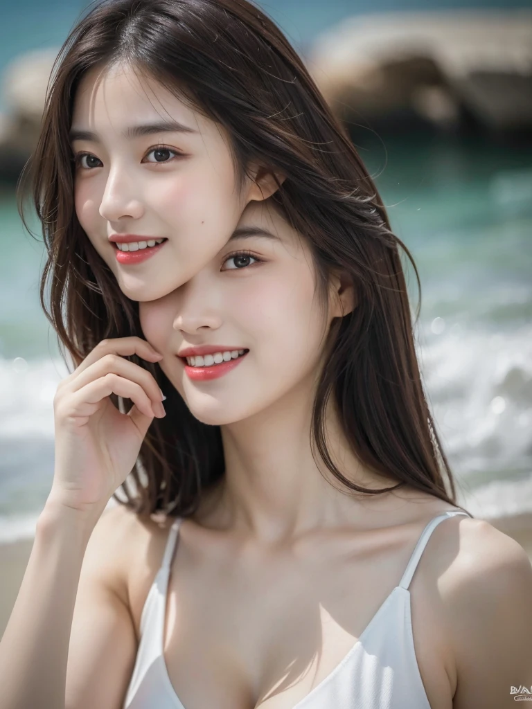 ((Highest quality)), ((masterpiece)), (detailed:1.4)、In 8K、Highest quality,Face Focus,Soft Light,(Depth of written boundary),Ultra-high resolution,RAW Photos,Large Breasts,bikini,(from the front),Adorable,Laughter,Brown eyes,Beautiful face in every detail,Sexy pose、Beach,Wave Splash,big,