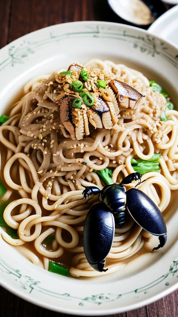 Stag beetle eats on noodles
