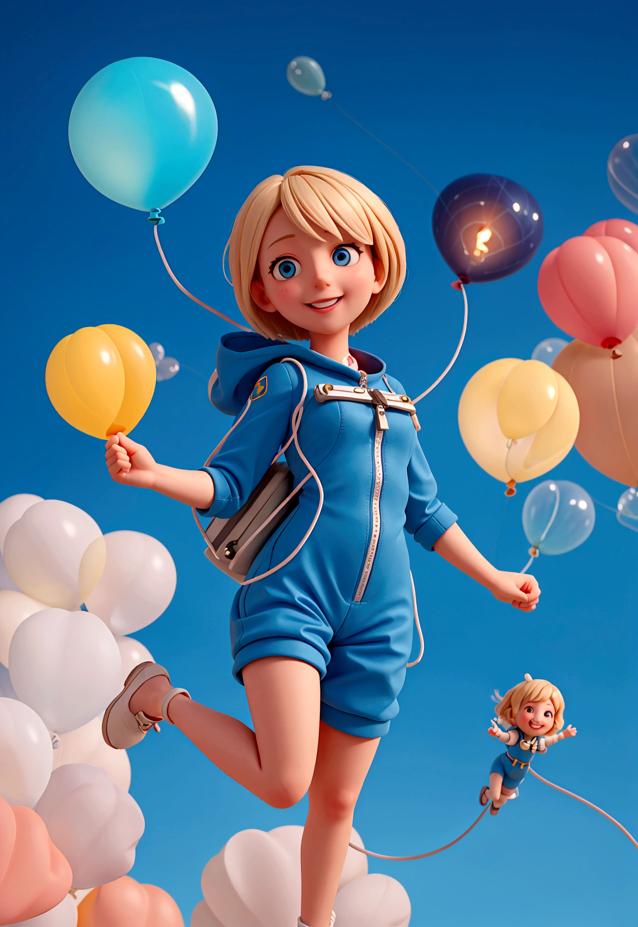A blonde woman, short-haired, Spaceman, wearing a blue jumpsuit and being carried by balloons towards the sky. HER BODY IS TILT diagonally showing that she is flying. She holds all 7 balloons in her right hand, by ropes. As she is taken to heaven, She smiles and looks at her left hand, as if inviting someone to hold her hand and go with her. her feet are no longer on the ground, she floats. her body should not be cropped in the image and her legs are straight. she conveys sweetness, lightness and joy.