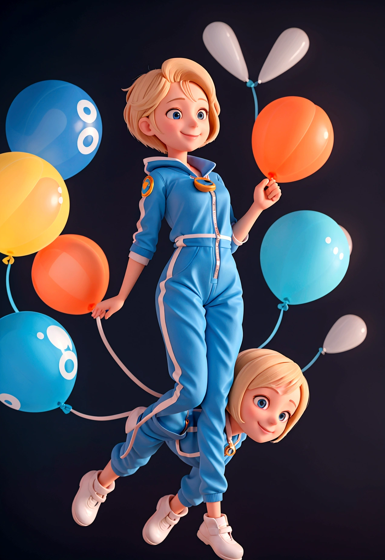 A blonde woman, short-haired, Spaceman, wearing a blue jumpsuit and being carried by balloons towards the sky. HER BODY IS TILT diagonally showing that she is flying. She holds all 7 balloons in her right hand, by ropes. As she is taken to heaven, She smiles and looks at her left hand, as if inviting someone to hold her hand and go with her. her feet are no longer on the ground, she floats. her body should not be cropped in the image and her legs are straight. she conveys sweetness, lightness and joy.