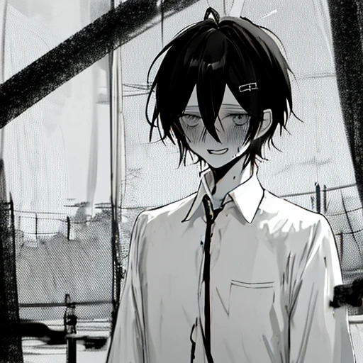Anime boy, simple straight black hair, panic emotions, pale, black theme, dark, creepy, weird, white shirt, man, thin, dirty, looks scary, black , creepy smile, looks like an addict, blushing, handsome, grayscale, horny, nsfw, self-harm, simple clothes
