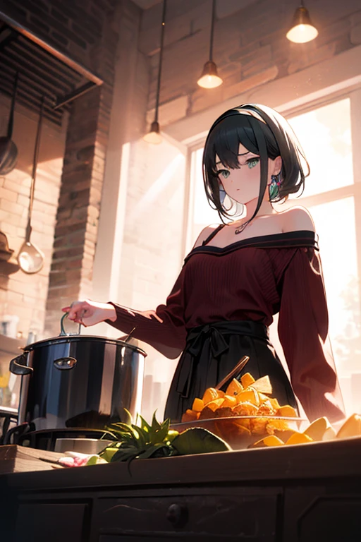 (from below:1.2), (perky chest:1.2), (pointed chest:1.2), 1girl, Bust A Cup, Amazing Cleavage:1.1, thin waist, big ass, Raised sexy, small breast: 1.1 posed cleavage:1.2、solo, looking at viewer, have a cute glass of cute beergrass,black hair, dark green eyes, dress, bare shoulders, jewelry, collarbone, sidelocks, hairband, earrings, indoors, off shoulder, arms behind back, plants, short hair with long locks, gild hairband, off-shoulder dress, sweater dress, off-shoulder sweater, red sweater, dark gord hair, big side hair, very long side hair,is rendered in (masterpiece: 1.2, best quality), with (ultra high resolution) and an exquisite (depth of field). This masterpiece is not only visually stunning but also tells,A scene of cooking in the kitchen