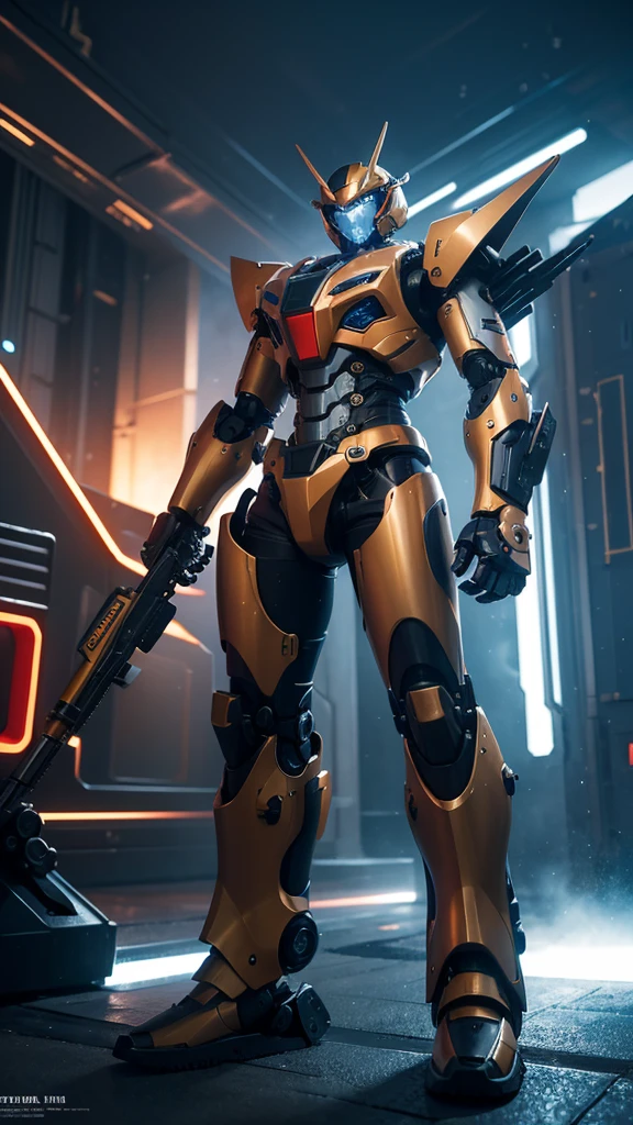Create a mechanical themed wallpaper,Mecha style,Rich in details,Wearing cold weapons,Color coordination