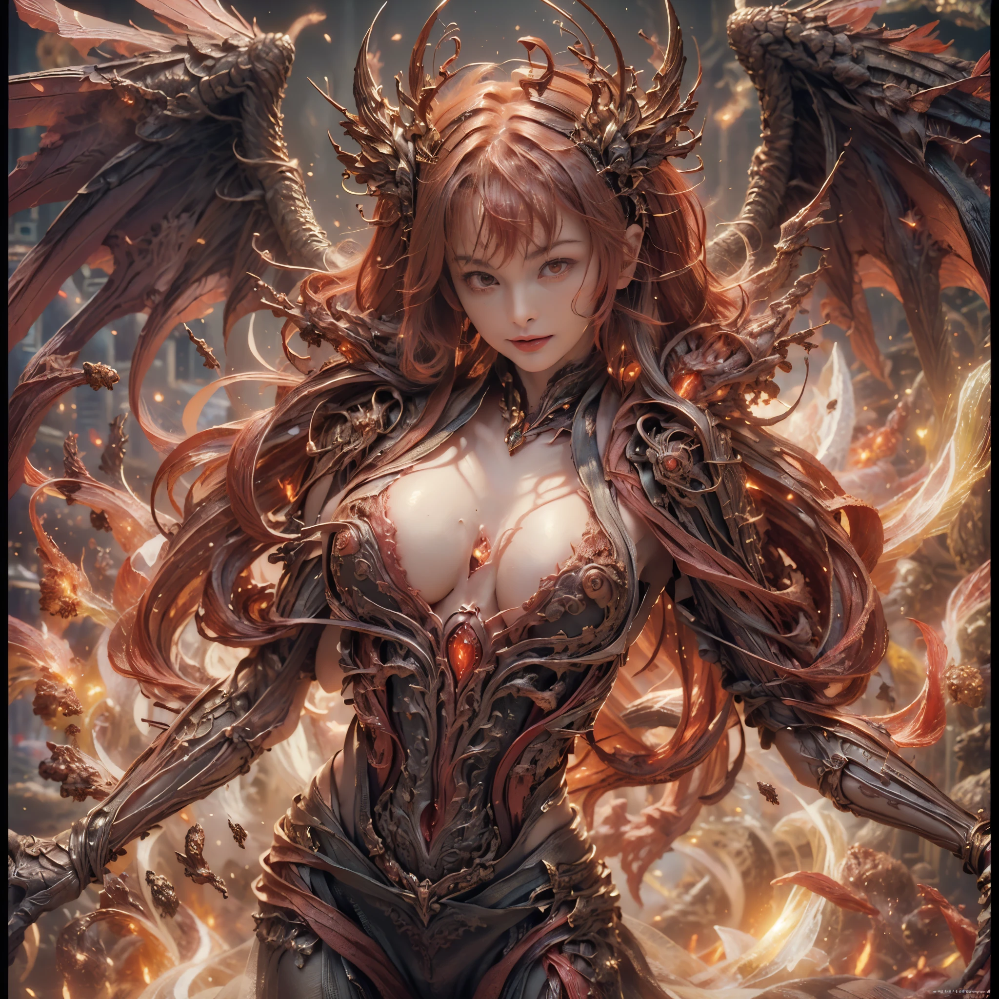 (((8k RAW photo, hyper realistic, masterpiece, best quality, crisp detail, high definition, high detail, very rich detail, sharp focus, sharp detail, colorful, rich color, cinematic, perfect studio lightning, full body photograph, mystic atmosphere))), (((fully naked) young colorful hell goddess, (fully nude), (adorable beautiful baby face, evil round face, smooth straight short hair goddess, red haired goddess, red eyed goddess), (naughty pose, showing pussy and nipples), smooth body, ideal body, evil smile)), (releasing (hell fire), (showing ((pussy, vagina, genital, nipples)))), ((demonic wings, tail)), (incinerated city, meteors shower, night),(fire demons behind, collosal war background)