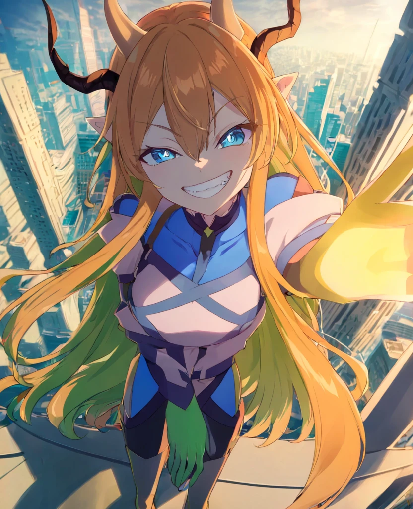 Woman, horns, long green and orange hair, blue skin, blue eyes, grinning, standing on a skyscraper, Anime