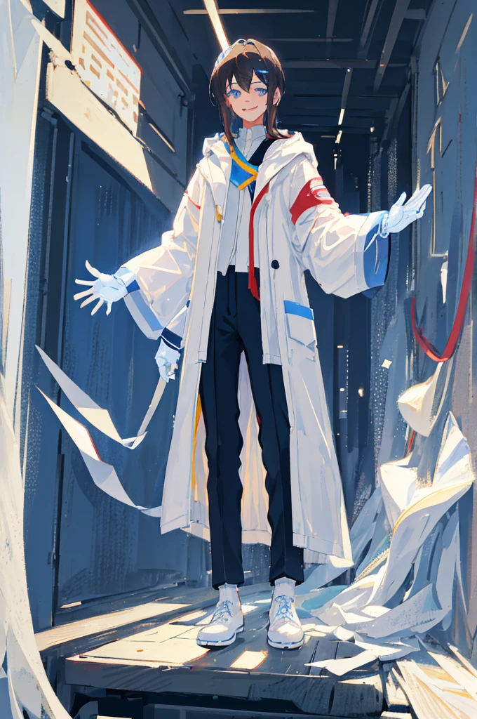 an effeminate teenager with long straight dark hair, although, a little bluish, blue colored eyes, white labcoat, wearing fingerless gloves, wide black pants with pockets, white stockings, red and white sneakers with white laces, he is waving as he stands at the door of his elegant home, he smiles a lot.