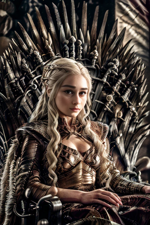 A sexy Daenerys Targaryen sitting on the Game of Thrones throne, fantasy throneroom, sinister gothic hall, gothic throne, dark, horror, best quality, masterpiece, d43n3rys, emlclrk