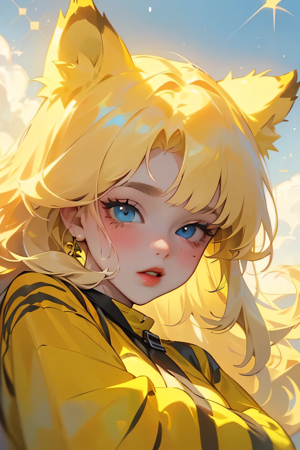(high quality) (Best Quality) (Una Women) (correct physiognomy) (perfect students) (Perfect eyes) Women, blonde hair with bangs on the forehead, TWO cat ears growing out of his head, eyes with heterochromia dos ojos, one eye green and the other gold, sensitive lips, female appearance, soft facial features, thin eyebrows, soft skin, rosy cheeks, pink lips, silky eyelashes, dreamy expression, middle age, youth clothing, glitter sweatshirt, tiger print, photo illuminated by sunlight, Women en un campo de flores al aire libre con un cielo azulado de nubes
