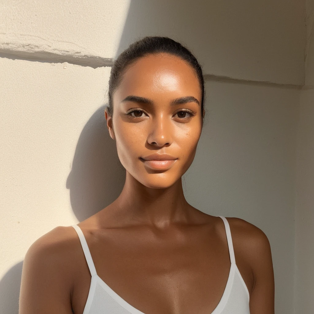 (front facing the camera),(Texture de la peau, pores, naturel,iPhone,brut)), bright and sunny lighting, Full body photo'a woman with her hair styled to the side and wearing a ((tight)) elastic top with long sleeves and straps,regardant droit vers la caméra, nikon z9, Realistic matte skin, in a gym background,