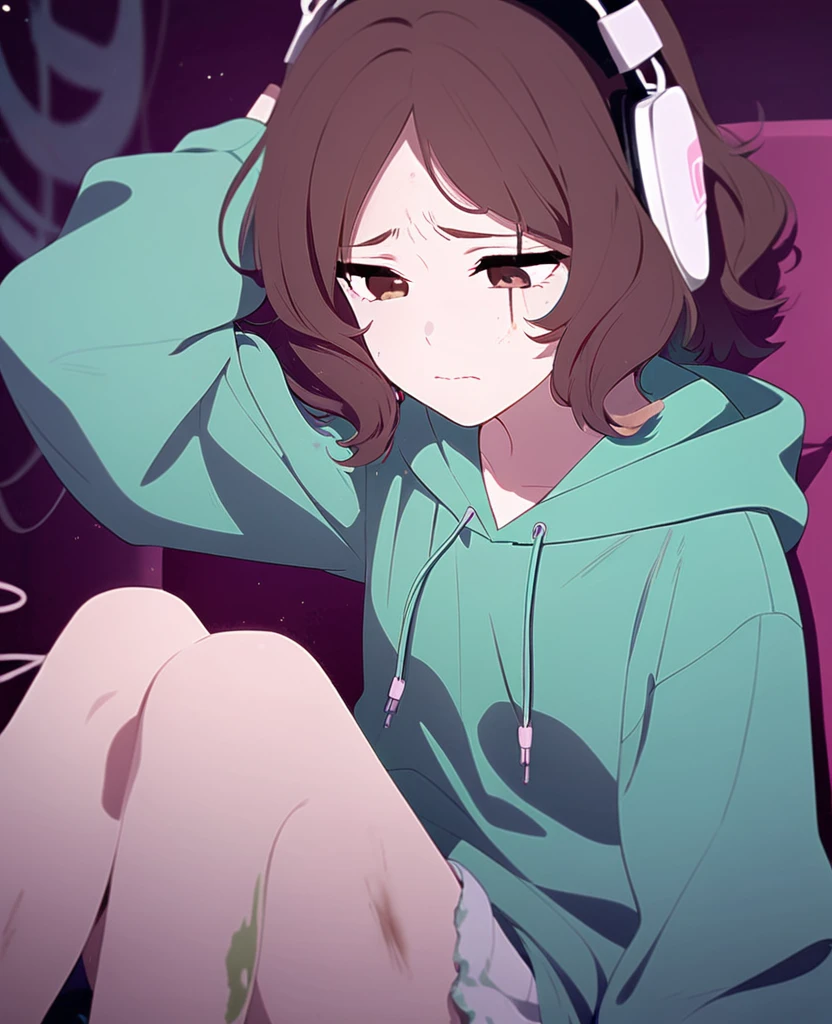 Make me a girl with shoulder length, curly brown hair with seafoam green underdye. Middle part, brown eyes, self harm scars on her legs and arms, hoodie with headphones. Loves music, has a slight frowning face. Anxious and awkward.