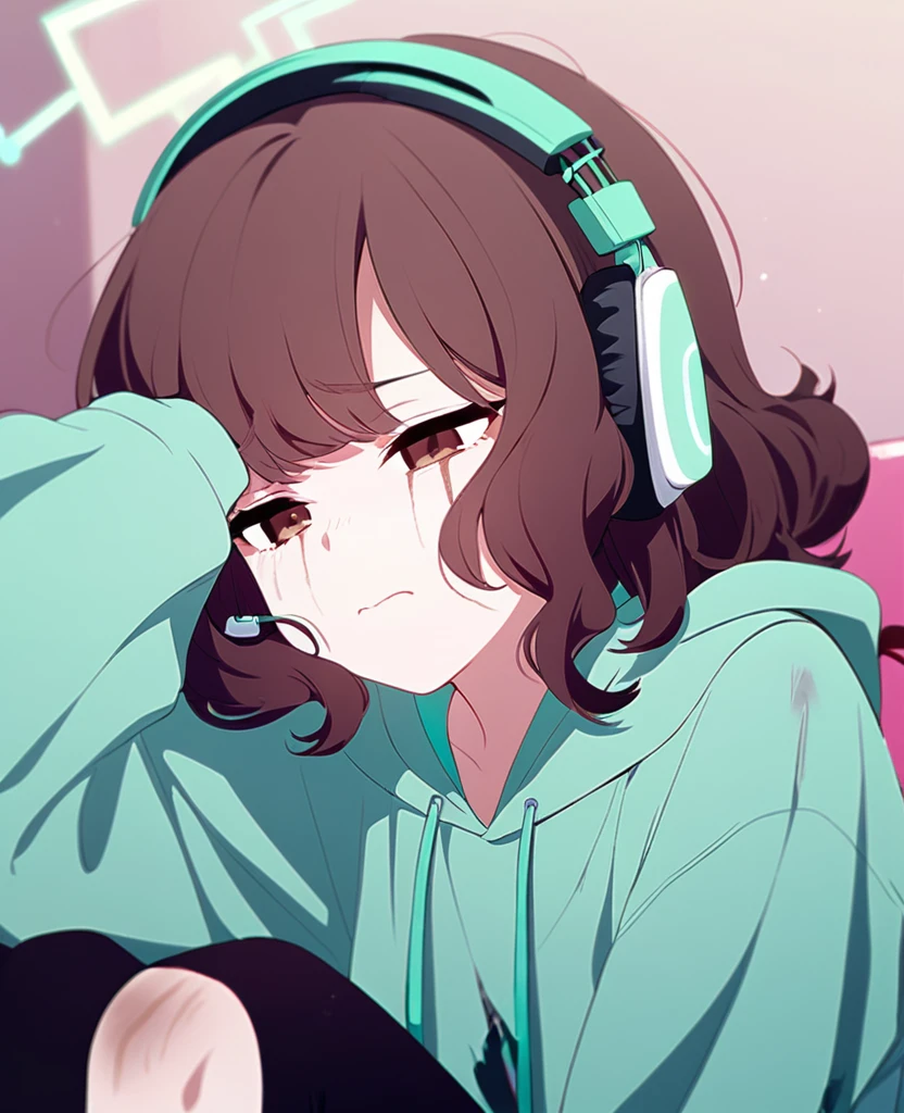 Make me a girl with shoulder length, curly brown hair with seafoam green underdye. Middle part, brown eyes, self harm scars on her legs and arms, hoodie with headphones. Loves music, has a slight frowning face. Anxious and awkward.