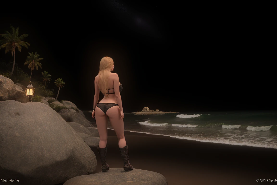 A moody blonde female breton poses seductively against a darkened beach backdrop, illuminated only by the soft glow of stars and the distant hum of city lights. She wears a skimpy black bikini, her fiery locks cascading down her back like a waterfall of midnight. The camera captures her sultry gaze, her eyes seeming to pierce through the shadows as she strikes a dramatic pose, one leg bent at the knee, her hand resting on a weathered beach rock. semi-naked, wearing bikini