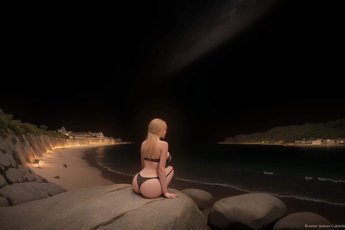 A moody blonde female breton poses seductively against a darkened beach backdrop, illuminated only by the soft glow of stars and the distant hum of city lights. She wears a skimpy black bikini, her fiery locks cascading down her back like a waterfall of midnight. The camera captures her sultry gaze, her eyes seeming to pierce through the shadows as she strikes a dramatic pose, one leg bent at the knee, her hand resting on a weathered beach rock. semi-naked, wearing bikini