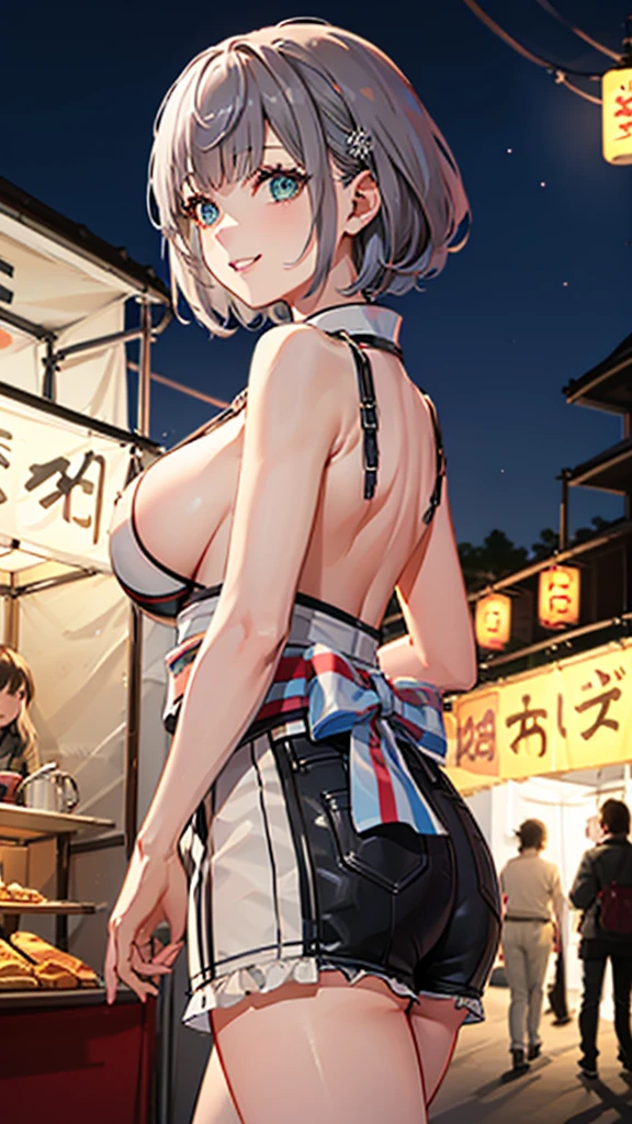(masterpiece, Highest quality, Super detailed), figure, omatsuri, food stand, One girl, Beautiful Eyes, View your viewers, From behind, Cowboy Shot, Recall, (yukata, Festivals、stall、firework、Colorful lights),wood, Outdoor,road, walking, crowd, night, lanthanum, food, paved, 横断歩road, paper lanthanum, lamp post, night sky,(Silver braided short bob, Soft curves、Large Breasts、A fascinating body),((super fine illustration)),((cute eyes,highly detailed skin)),((smile))