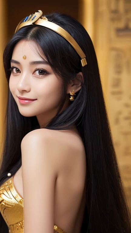 Beauty,((masterpiece)),((Highest quality)),((8K)),((Ultra high definition)),((high resolution)),((detailed)),((Perfect body)),((Perfect Face)),Beauty、Shiny Hair、Slanted Eyes、((Very heavy makeup:1.2))、Glowing Skin、Tan Skin、Glowing Skin、Jet Black Hair、Long Hair、Very long black hair、Beautiful and detailed、smile、21 years old、((エジプトのView of the Royal Palace:1.3))、View of the Royal Palace、Concubine、((王Concubineの髪飾り))、((Royal Palace of Egypt))、王Concubine、gold、Royal Bedroom、((エジプト王Concubineのgoldの衣装))、((Angle of view that allows you to see the whole body:1.3))、(((nup, nefertari:1.2))、Cleopatra、