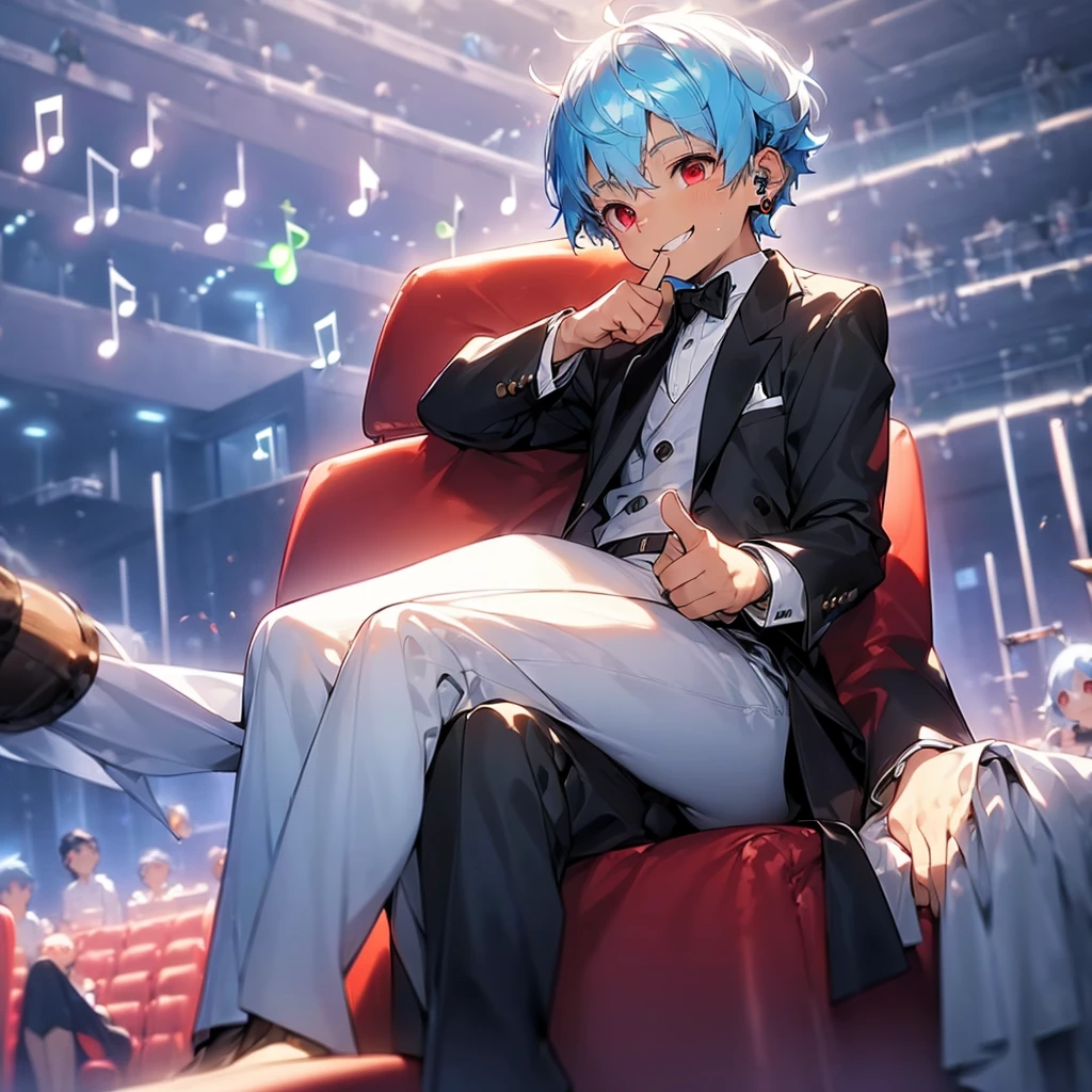 (solo:2.5), (boldline:-1.7), (put index finger on mouth:1.5), (floating musical notes:1.7), (sitting on red chair:1.5), (((fang))), (((best finger))), BREAK (best quality:1.5), (absolutely resolution:1.5), (ultra detailed:1.5), (masterpiece:1.5), (perfect face), (detailed face), (detailed eyes:1.3), (best eyes), (cute face), (shota:2), BREAK (tuxedo:1.5), (bulge:1.6), (skinny:1.3), BREAK (light blue hair:1.5), (spiked hair), (wine red eyes:1.4), (eyes with highlight:1.6), ((mole under eye)), (sweaty skin), (grin:1.5), ((earrings)), (shiny skin:1.3), BREAK (concert hall:1.5), (spot light:1.3), (at concert), (many people), ((wind blowing)), frow below,