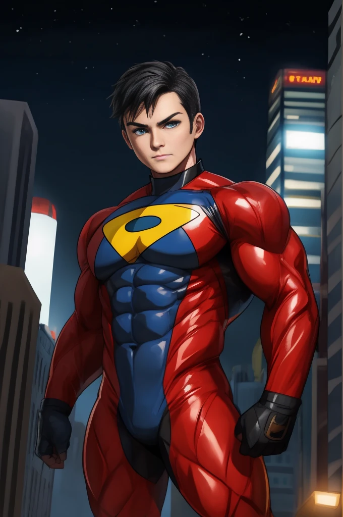 boy, very attractive boy, mexican ethnicity. tan skin, jet black hair, young man, solo, jacked muscle, beautiful musculature, aesthetic striations, inspirational physique, lean muscle, square pecs, beautiful v-taper, great abs and torso, bright bodysuit, standing front, young superhero (young face) ready to fight, top rated pixiv, wears a Bodysuit, very tight bodysuit, chiseled abs, chiseled pecs, with his jet black military haircut and voluminous neck, narrow waist, superhero, white sclera, blue eyes, no horns, brave superhero, human, handsome face, young. City background, skyscraper, futuristic city, night, stars, night lights, skill image, looking to the viewer, hero whose presence inspires trust and respect. (((His hero suit is black and blue.))) (((BACK))) huge and firm muscular thighs, round buttocks and round butt inward with the back, shapely buttocks, firm ass ((firm and shapely buttocks))