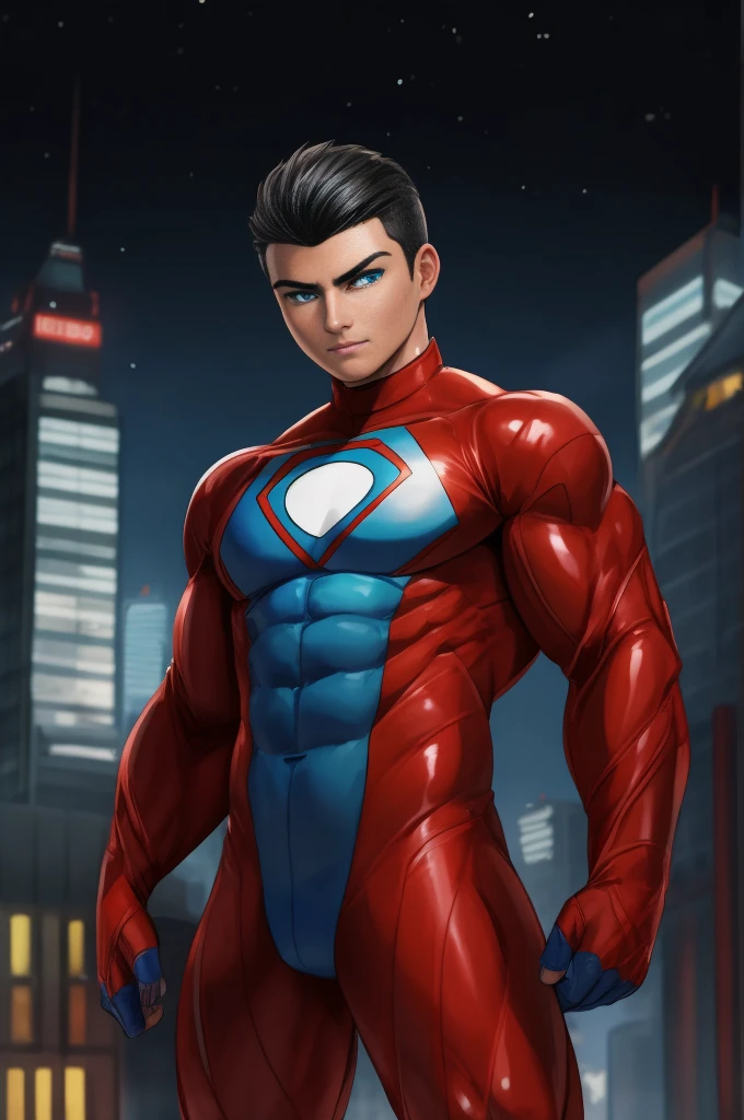 boy, very attractive boy, mexican ethnicity. tan skin, jet black hair, young man, solo, jacked muscle, beautiful musculature, aesthetic striations, inspirational physique, lean muscle, square pecs, beautiful v-taper, great abs and torso, bright bodysuit, standing front, young superhero (young face) ready to fight, top rated pixiv, wears a Bodysuit, very tight bodysuit, chiseled abs, chiseled pecs, with his jet black military haircut and voluminous neck, narrow waist, superhero, white sclera, blue eyes, no horns, brave superhero, human, handsome face, young. City background, skyscraper, futuristic city, night, stars, night lights, skill image, looking to the viewer, hero whose presence inspires trust and respect. (((His hero suit is black and blue.))) (((BACK))) huge and firm muscular thighs, round buttocks and round butt inward with the back, shapely buttocks, firm ass ((firm and shapely buttocks))