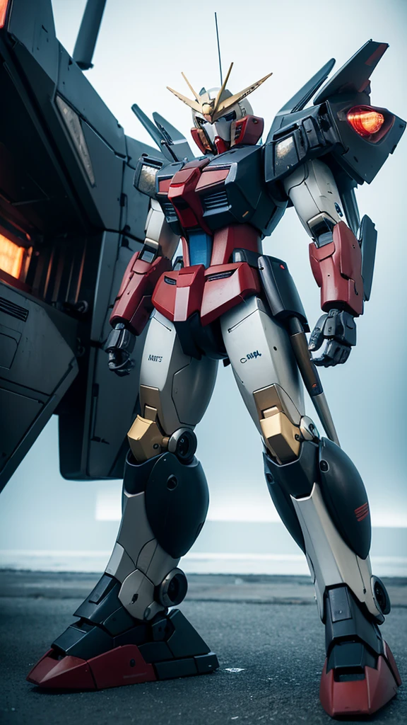 Create a mechanical themed wallpaper，Gundam style，Rich in details，Wearing cold weapons，Color coordination，The original machine，First machine