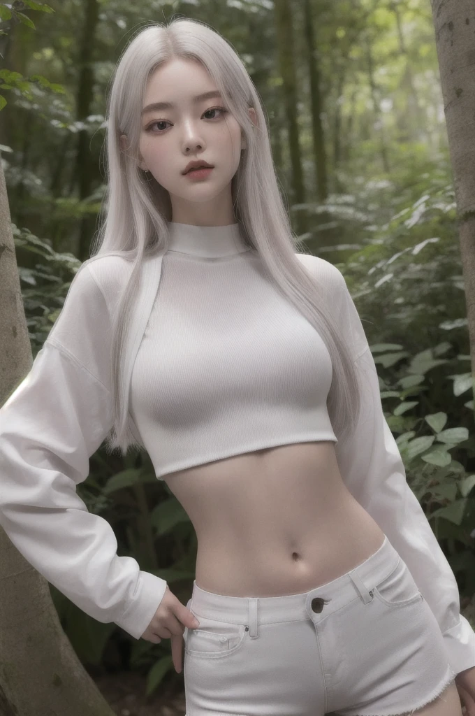 (best quality:1.4), (masterpiece:1.4), (highres:1.2), (extremely detailed:1.2), human body ratio,
1girl, korean girl, (each girl wearing different fashion:1.4), dynamic pose, powerplant, full body, kim chaewon in a tight outfit, cute korean girl, ((red eyes)), 15yo, 15 years old korean young girl in a dark forest, dark creepy forest, (long white hair), white skin tone, girl, small breast, figure, long white hair, ripped tight crop top shirt that expose midriff, ripped tight low waist white shorts, midriff exposed, small , ((thin-waist)), a small face