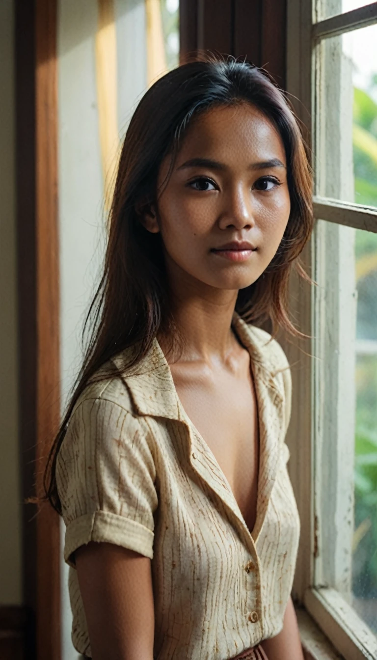 Extreme high angle shot from above, Una foto tomada desde (((fuera de la ventana)))a romantic picture of a young Indonesian woman with hair and clothes from the 1970s. The lighting is from the window, natural and soft, illuminating the scene evenly without harsh shadows or highlights. The location is indoors, with elements of home décor including framed pictures on the wall of a 1970s. She is looking directly unto the camera with lost look and a slight smile, (((la foto fue tomada desde el exterior del ventana))), with cinematic lighting, professional high definition photography style ,fotorrealista