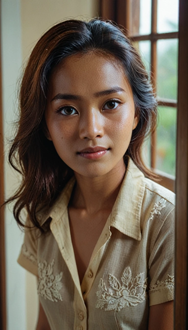 Extreme high angle shot from above, Una foto tomada desde (((fuera de la ventana)))a romantic picture of a young Indonesian woman with hair and clothes from the 1970s. The lighting is from the window, natural and soft, illuminating the scene evenly without harsh shadows or highlights. The location is indoors, with elements of home décor including framed pictures on the wall of a 1970s. She is looking directly unto the camera with lost look and a slight smile, (((la foto fue tomada desde el exterior del ventana))), with cinematic lighting, professional high definition photography style ,fotorrealista