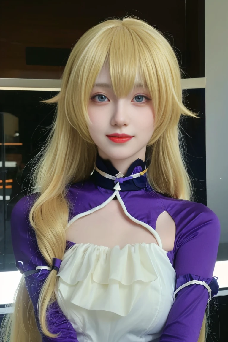 best quality, tmasterpiece,Ultra-high resolution,Clear face,（Reality：1.4），ferpect lighting，(upper body photo), (photorealistic:1.50), anime wallpaper, Guviz style artwork, cover-up fantasy up to magic , by Yang J, Guviz, beautiful artwork illustration, beautiful digital artwork, beautiful digital illustration, Li Song, beautiful anime portrait, art style in Beauvot, 1girl, 独奏, long hair, (blonde hair:1.5), (twintails:1.3), hair ribbon, bangs, blue eyes, Blush, smile, (purple bodysuit:1.3), standing, (looking at viwer), Arm gloves,