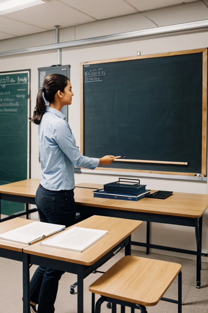 Teacher with blackboard desk giving classes