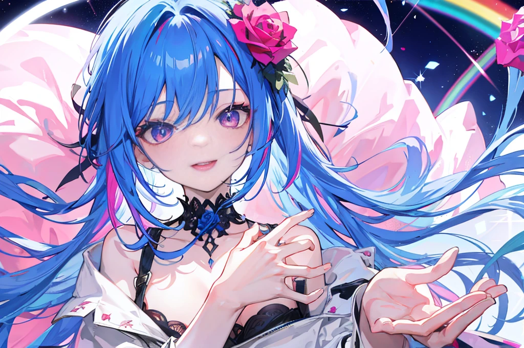 rose in hands, ;D, Rainbow backgrand, blue hair, pink eyes