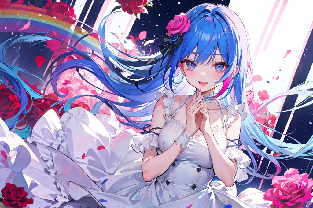 rose in hands, ;D, Rainbow backgrand, blue hair, pink eyes