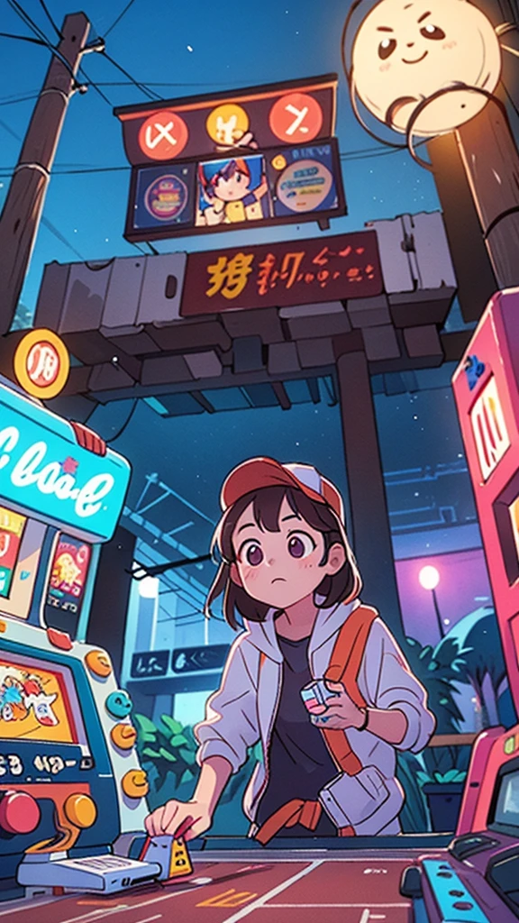 make an arcade, at night with several games and vibrant neon colors, and there is only one girl alone in the scene playing one of the games