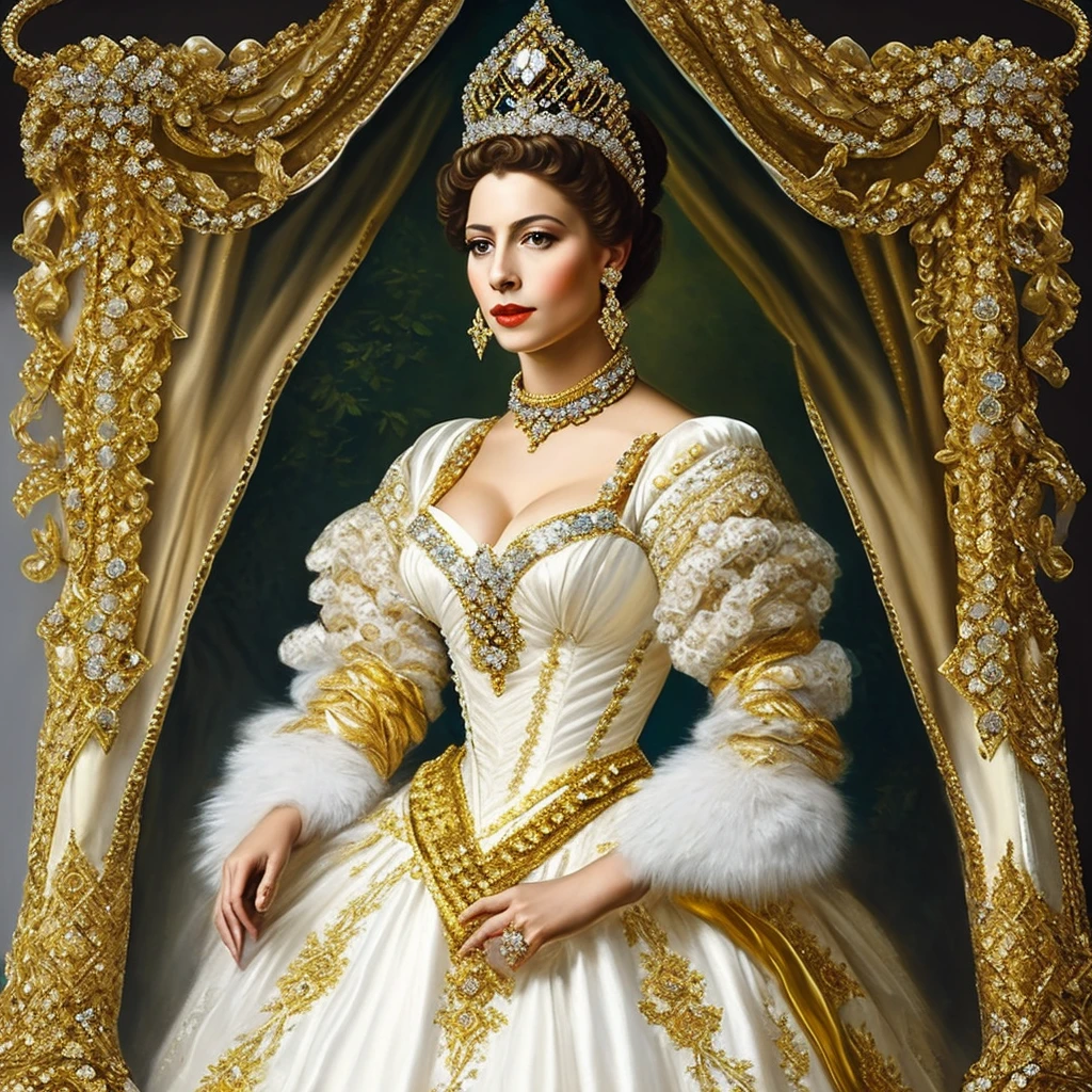 Portrait of a beautiful queen wearing a rococo gown, white and gold, wearing a white and gold snake, diamond rococo jewels