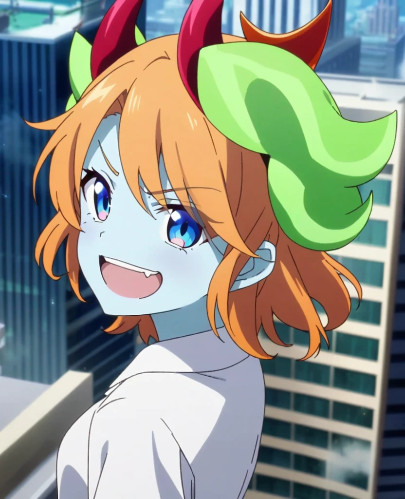 Woman, horns, long green and orange hair, blue skin, blue eyes, grinning, standing on a skyscraper, Anime