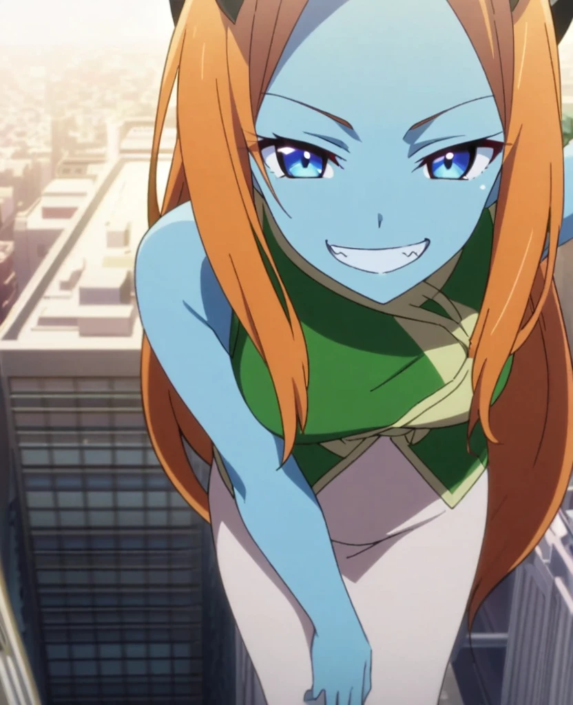 Woman, horns, long green and orange hair, blue skin, blue eyes, grinning, standing on a skyscraper, Anime