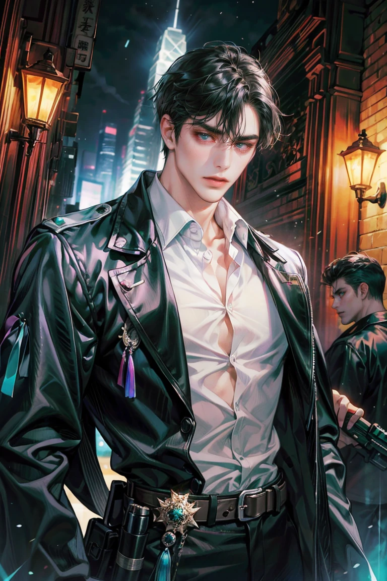 (absurdres, highres, ultra detailed, original character, HDR), 1 british boy, solo, adult, handsome, ((tall muscular guy, broad shoulders)), finely detailed eyes, (black hair), hair between eyes, turquoise eyes, holographic, futuristic, casual outfit, black coat, gun holster, (body tight white shirt), big pecs, ((wearing a black earring)), cowboy shot, dutch angle, face focused, tower walled city scenery, dystopian hong kong city, skyscrapers, Cyan, Magenta, long face, closed mouth, looking at viewer, depth of field, bokeh